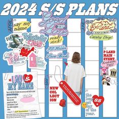 a woman standing in front of a wall with stickers on it and the words 2012's plans