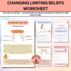 Changing Limiting Beliefs, Cognitive Distortions, Negative Thinking, Negative Self Talk, Positive Thinking, Therapy Worksheets, CBT Tools Description: Transform your mindset and conquer limiting beliefs with our Table Leg Method Worksheet! This interactive and insightful tool is designed to help you identify, challenge, and reframe those beliefs that hold you back. What You'll Receive: 🌟 Empowering Exercise: Dive into a guided exercise that visualizes your limiting beliefs as unstable "table le Books For Self Improvement, Table Leg, Therapy Worksheets, Private Practice, Negative Self Talk, Self Talk, Limiting Beliefs, Life Coaching, Holistic Approach