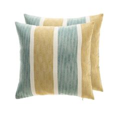 two yellow and blue striped pillows on a white background