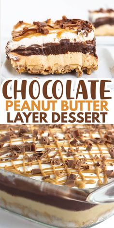 chocolate peanut butter layer dessert with text overlay