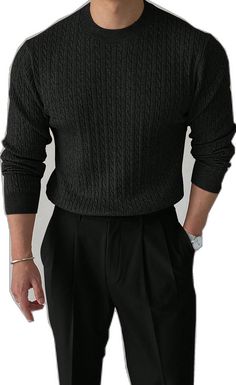 Elegant Black Winter Polo Sweater, Black Crew Neck Polo Sweater For Work, Black Knit Polo Sweater For Fall, Black Cable Knit Crew Neck Top, Black Long Sleeve Polo Sweater For Work, Black Polo Sweater For Work In Fall, Black Long Sleeve Polo Sweater For Workwear, Black Turtleneck Cable Knit Sweater, Black Cable Knit Top For Fall