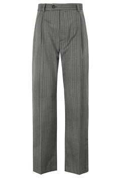 Mia pants - Canvas - Gray color - Pinstripe wool blend fabric - High waist with belt loops - Straight leg - Front darts - Side pockets - Back welt pocket with button - Front zipper and button closure - Loose fit Elegant Wide-leg Pants With Five Pockets, Elegant Wide Leg Pants With Five Pockets, Formal Wide Leg Bottoms With Five Pockets, Formal Wide Leg Pants With Five Pockets, Chic Business Casual Pants With Five Pockets, Elegant Fall Pants With Five Pockets, Elegant Business Casual Bottoms, Elegant Formal Pants With Five Pockets, Elegant Five Pockets Business Casual Pants