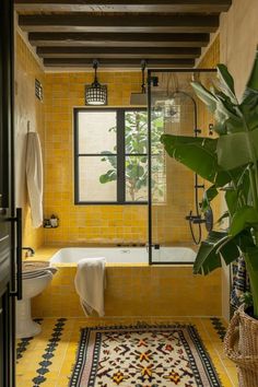 Yellow Tile Bathroom, Yellow Tiles, Yellow Bathroom, Vibrant Home, Yellow Tile, Yellow Bathrooms, Dream House Interior, Dream House Decor