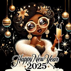 Celebrate New Year's Eve with this vibrant cartoon illustration featuring a glamorous Black woman in a sparkling fur coat, glittery glasses, and festive decorations