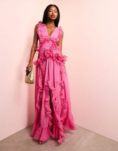 ASOS LUXE plunge maxi dress with ruched chiffon detail & open back in hot pink | ASOS Plunge Maxi Dress, Black Dress Prom, Embellished Denim, Glam Dresses, Maxi Dress Trend, Luxor, Hoodies For Sale, Orange Dress, Linen Dresses