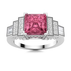 Fall in love with this contemporary vintage-inspired filigree Pink Tourmaline engagement ring in 14k White Gold. This vintage style engagement ring features a princess-cut center stone, followed by princess diamonds and baguettes set diamonds on the shank Contemporary Vintage, Vintage Style Engagement Rings