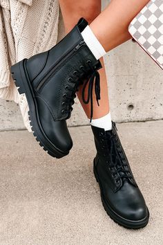 Taking Command Faux Leather Combat Boots (Black PU) - NanaMacs Combat Boots Outfit For Women, Combat Boots Aesthetic, Black Combat Boots Outfit, Boots Outfit For Women, Combat Boot Outfit, Combat Boots Black, Ankle Combat Boots, Combat Boots Style, Leather Combat Boots