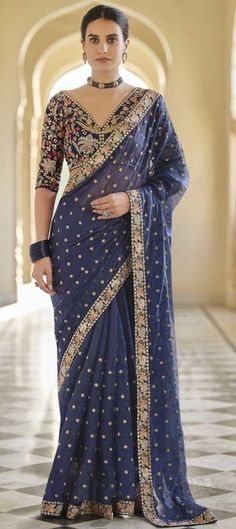 Bridal, Traditional, Wedding Blue color Saree in Organza Silk, Silk fabric with South Sequence, Thread, Zari work : 1744549 Navy Blue Saree, Blue Organza, Wedding Saree Blouse, Organza Silk Saree, Organza Blouse, Organza Wedding, Wedding Saree Indian, Blue Saree, Organza Saree