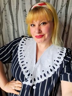 "Ahoy Sailor! This lightweight navy blue and white stripe tunic top is such a comfortable little nautical number and great for trips to the seaside. It's got an oversized frilly sailor collar and double brested buttons. Wear simply with jeans for an easy instant vintage look.  XXL on the sizes labels. Best fits modern sizes from a relaxed fit on a UK 20 up to a UK size 24 Measures.... Bust - up to 48\"/50\" Waist- up to 50\" Length- 27\" (Measure a piece of clothing you already own for a good comparison)  Excellent condition Brand: Royal Fashion Fabric- polyester Free UK delivery as standard. Always wrapped beautifully in plastic free packaging." White Sailor Collar Top For Summer, White Summer Blouse With Striped Collar, Spring White Blouse With Striped Collar, White Blouse With Striped Collar For Summer, White Blouse With Striped Collar For Spring, Navy Collared Blouse For Summer, Stripe Blouse, Sailor Collar, Vintage Nautical