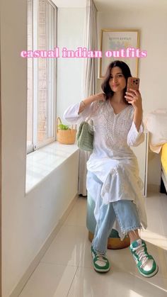 A Line Suits Indian Style, Diwali Outfits With Jeans, Diwali Trendy Outfits, Night Suit Poses, Fashion Inspo Outfits Indian, Indian Suit For College Students, Ethinic Dresses For College, Uttarayan Outfit Ideas, Urbanic Outfit Idea India