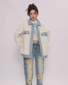 White Collared Jacket With Denim Details | Soobin - TXT S Fashion Chingu, Collared Jacket, Denim Details, White Collar, Casual Looks, Winter Outfits, Length Sleeve, Suit Jacket, The Day