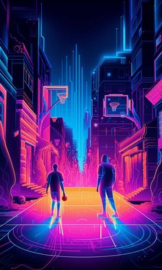 two men are walking down the street in front of neon cityscapes and basketball hoops