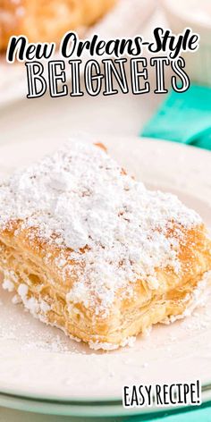 a close up of a pastry on a plate with the words new orleans style beionets