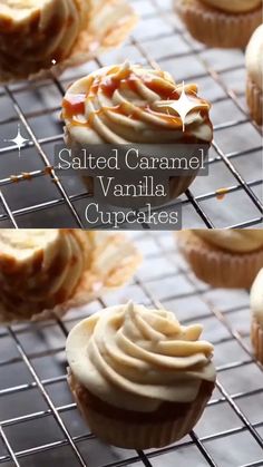 some cupcakes are sitting on a cooling rack and one is frosted with caramel