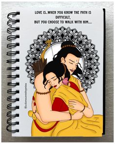 a notebook with an image of two women hugging each other