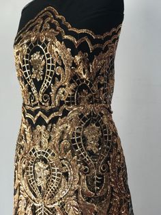 Stunning piece of embroidery, thousands of orangy gold sequins embroidered on black tulle to form this intricate design. This fabric is suitable for a stunning outfit to impress. Width is 140cm. Price is for one meter. Orders over one meter will be a continuous length of fabric. Bridal Skirts, Beaded Lace Fabric, Baroque Design, Rose Gold Sequin, Prom Looks, White Tulle, Black Tulle, Stunning Outfits, Gold Lace