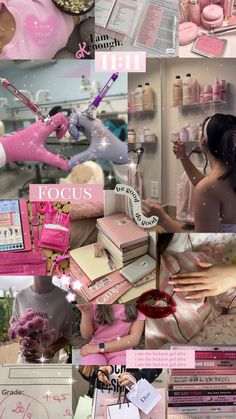 a collage of photos with pink and white items