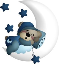 a teddy bear is sleeping on the moon with stars around it and wearing a blue hat