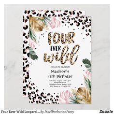 a leopard print birthday party card with gold foil lettering and pink flowers on the front