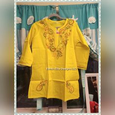 New Yellow Chikankari Multi Embroidery Kurta Size M Hand Embroidered Bust Measures 40" ,Pit To Pit 20" Length Approx 35" Traditional Yellow Kaftan For Festive Occasions, Yellow Chikankari Embroidery Kaftan, Yellow Straight Kurta Salwar Kameez With Embroidered Border, Yellow Embroidered Salwar Kameez With Straight Kurta, Yellow Salwar Kameez With Embroidered Border, Yellow Traditional Wear With Straight Kurta And Floral Embroidery, Yellow Traditional Wear With Floral Embroidery And Straight Kurta, Yellow Traditional Wear With Floral Embroidery For Spring, Bohemian Yellow Kurta With Zari Work