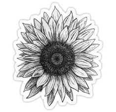 a black and white drawing of a large sunflower with leaves on it's petals