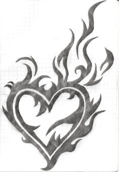 a drawing of a heart with flames in the shape of two hearts on white paper