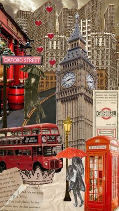 the collage is made up of many different things including a clock tower, red telephone booth, and people with umbrellas