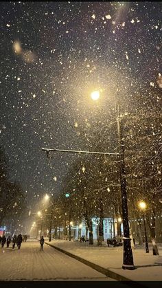 people walking in the snow at night under street lights and street lamps on a snowy day