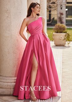 Pink One Shoulder Dress For Prom Season, Pink Formal One Shoulder Dress For Prom, Pink Dress With Straight Neckline For Gala, Bridesmaid Gown With Asymmetrical Neckline And Fitted Bodice, Pink Sleeveless One Shoulder Dress For Gala, Pink Sleeveless One-shoulder Dress For Gala, Pink One-shoulder Gown With Fitted Bodice, Gala One Shoulder Sleeveless Dress With Sweep Train, Formal Pink One-shoulder Dress