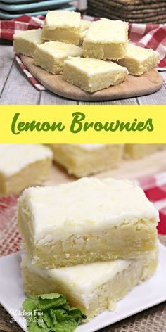 lemon brownies stacked on top of each other with the words lemon brownies above them