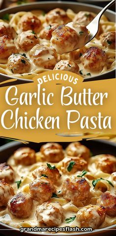 delicious garlic butter chicken pasta is served in a skillet