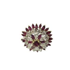 18K Two Tone Gold Ruby and Diamond Ring Size 6 JAGi Certified-  This spectacular ring features one round natural ruby, 30 marquise cut natural rubies and 18 marquise and round brilliant cut diamonds set in 18K white and yellow gold.    Width: 31 mm.  Shank: 4 mm.  Total ruby weight: 6.05 ct.  Total diamond weight: 3.07 ct.  Diamond color: H-J  Diamond clarity: VS2-SI1  Ring Size: 6  Stamped: 18K  Weight:  9.0 dwt./ 14.1 gr.  JAGi Certificate included.  Very good condition, professionally polished.  Will come packaged in a gift box or pouch (when possible) and will be shipped U.S. Priority Mail Insured. Marquise Ruby Cluster Ring In Fine Jewelry Style, Marquise Ruby Cluster Ring Fine Jewelry, Marquise Ruby And Diamond Multi-stone Ring, Marquise Cut Ruby And Diamond Multi-stone Ring, Marquise Cut Multi-stone Ruby Ring With Diamonds, Marquise Multi-stone Ruby Ring In Fine Jewelry Style, Luxury Multi-stone Cluster Ruby Ring, Fine Jewelry Marquise Ruby Ring With Multi-stone, Marquise Multi-stone Ruby Ring