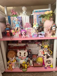 a pink shelf filled with lots of stuffed animals and books on top of it's sides