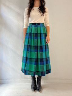 "- Vintage Louben blue plaid pleated skirt - Poly rayon blend - Lined - Made in Canada - Tagged Medium Waist: 27\" Hip: 23.5\" Length: 33\"" Blue Casual Bottoms With Accordion Pleats, Casual Blue Bottoms With Accordion Pleats, Fall Blue Full Skirt, Blue Full Skirt For Fall, Casual Blue Skirt With Accordion Pleats, Summer Plaid Pleated Bottoms, Spring Plaid Pleated Skirt, Plaid Cotton Skirted Bottoms, Plaid Cotton Skirt For Work