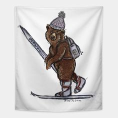 a drawing of a bear on skis with a hat and backpack holding a snowboard