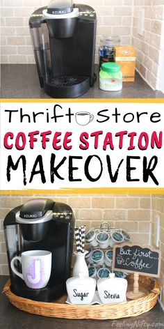 coffee station makeover with thrift store sign