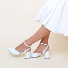 White V Mule + Marilyn Strap - Customized Mules | Alterre Make A Shoe - Sustainable Bridal Shoes & Ethical Footwear Bridal Heels Block Heel, White Pointed Heels, Closed Toe Block Heels, Wedding Shoes Block Heel, Block Heels Wedding, Bride Stuff, Comfortable Bridal Shoes, White Bridal Shoes, Bridal Shoes Low Heel