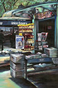 an oil painting of a newspaper stand