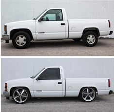 two pictures of the same white pickup truck