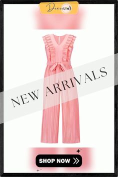 Chic Ruffle V-neck High Waist Pleated Jumpsuit Women Summer New Casual Loose Wide Leg Slim Fit Sexy Solid Lace-up Jumpsuit Feminine V-neck Jumpsuits And Rompers For Night Out, Elegant Pink Jumpsuits And Rompers For Summer, Feminine V-neck Jumpsuits And Rompers, Summer V-neck Bodysuit For Workwear, Feminine Sleeveless Party Jumpsuits And Rompers, Elegant Non-stretch Summer Bodysuit, Pink V-neck Bodysuit For Spring, Elegant Pink Bodysuit For Summer, Pink V-neck Spring Bodysuit