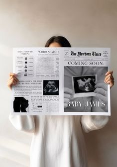 a woman holding up a newspaper with pictures on it and the words coming soon above her head