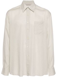 beige poplin texture vertical stripe pattern box-pleat detail spread collar front button fastening long sleeves buttoned cuffs chest patch pocket curved hem Classic Shirt With Vertical Stripes For Daywear, Elegant Shirt With Vertical Stripes For Daywear, Classic Beige Shirt With Welt Pockets, Luxury Vertical Stripes Collared Shirt, Elegant Button-up Shirt With Vertical Stripes, Classic Button-up Shirt With Striped Cuffs, Striped Button-up Outerwear With Button Closure, Tencel Shirt, Cotton Button-up Shirt With Signature Stripes