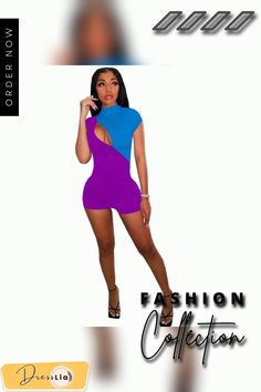 Hot Sales Women Patchwork Color Sleeveless O-neck Hollow Out Summer Fashion Bodycon Romper Fitted Color Block Tank Top For Spring, Spring Fitted Color Block Tank Top, Trendy Fitted Color Block Tank Top, Fitted Sleeveless Color Block Top, Summer Sleeveless Multicolor Bubble Romper, Summer Multicolor One-piece Jumpsuits And Rompers, Summer Multicolor Non-stretch Jumpsuits And Rompers, Casual V-neck Patchwork Mini Dress, Purple Sleeveless One-piece Beachwear