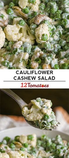 cauliflower cashew salad with peas in a white bowl