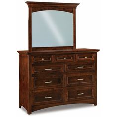 a wooden dresser with a mirror on it's top and drawers below the drawer