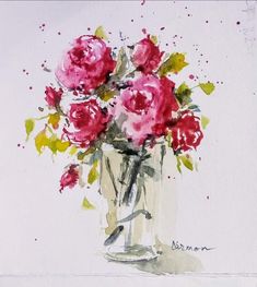 a watercolor painting of pink roses in a vase