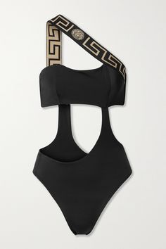 The strategically placed cutouts and asymmetric shoulder strap give Versace's swimsuit an equally chic and sporty feel. It's been made in Italy from smoothing stretch fabric and cut high on the sides to elongate your legs. Match your jewelry to the gold 'Greca' motif. Versace Inspired Outfit, Versace Outfit Women, Cutout Swimsuit, Black Dude, Ibiza Outfits, Beach Riot, Black One Piece Swimsuit