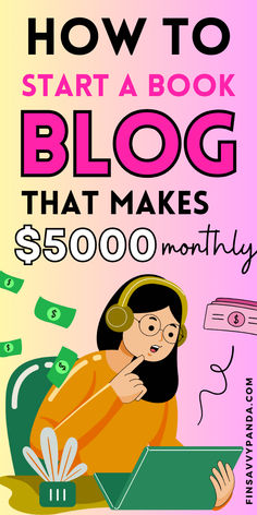 a woman sitting in front of a laptop computer on top of a pink background with the words how to start a book blog that makes $ 500, 000