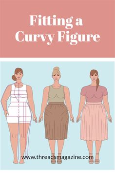 three women in different outfits with the words fitting a curvy figure