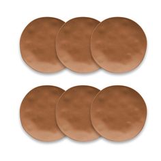 six brown round coasters on a white background